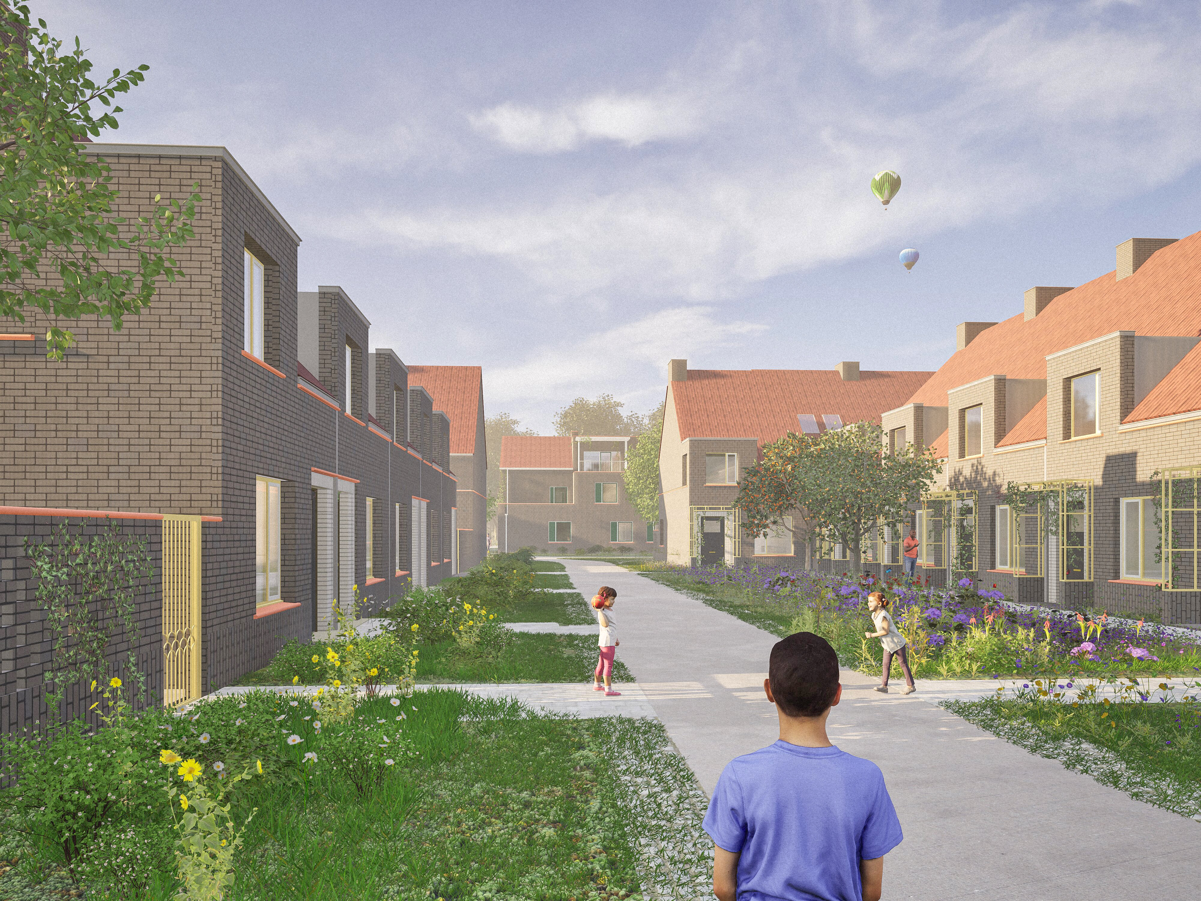 Sfeerbeeld van de toekomstige wijk met 2 huizenrijen en een groene wandelzone ertussen