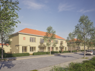 3D beeld van gerenoveerde eengezinswoningen. De lichtgele gebouwen bestaan uit twee verdiepen en hebben een zadeldak met rode dakpannen.