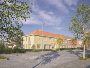 3D beeld van nieuwe eengezinswoningen. De lichtgele gebouwen bestaan uit twee verdiepen en hebben een zadeldak met rode dakpannen.